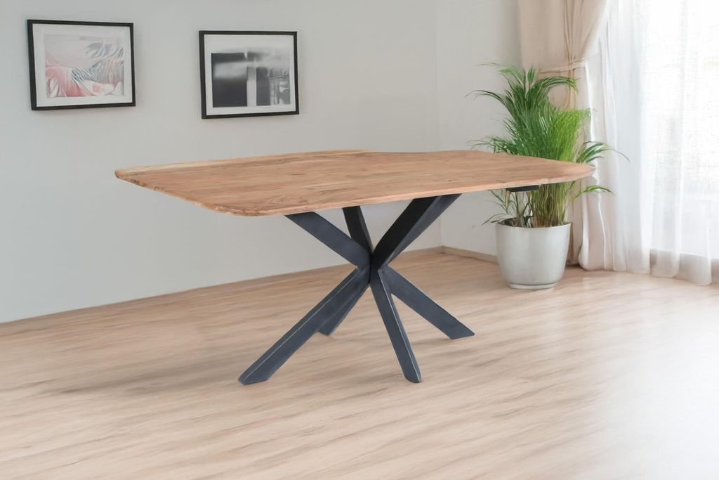 Esstisch Mila | 178x80 cm | Akazienholz massiv | Farbe: Natur | Esszimmertisch in organischer/asymmetrischer Form | Spider-Gestell Schwarz | Schwei...
