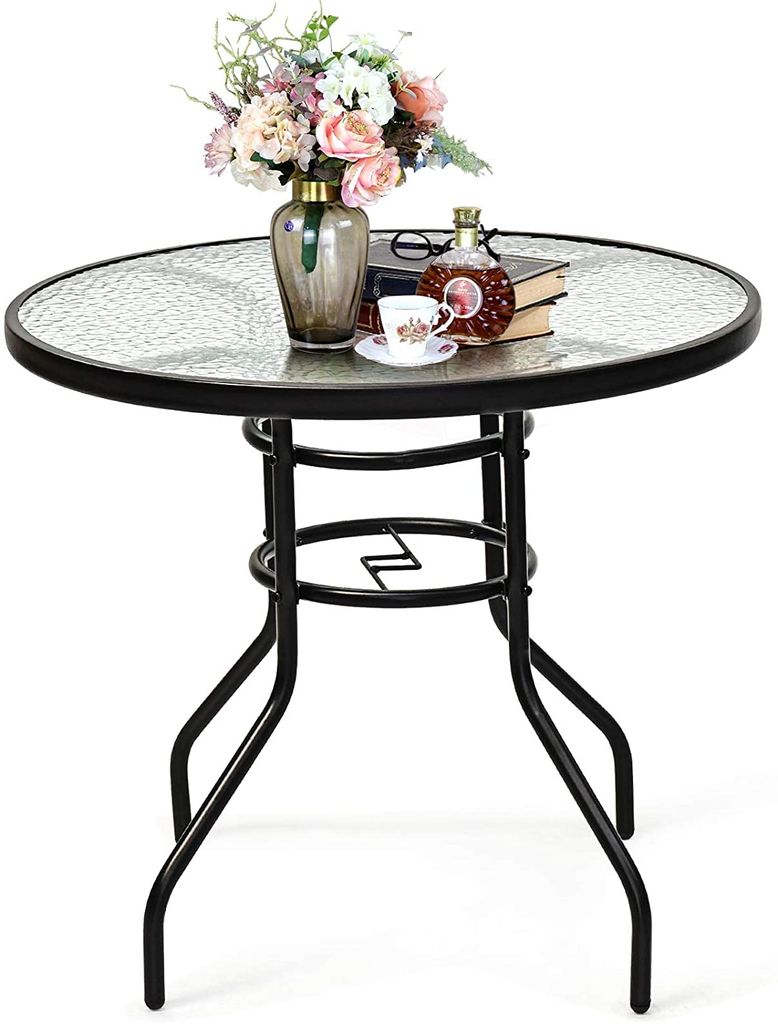 GOPLUS Gartentisch Glastisch Rund, Beistelltisch mit Schirmloch , Bistrotisch, Esstisch, Ø80x72cm, für den Innen- & Außenbereich