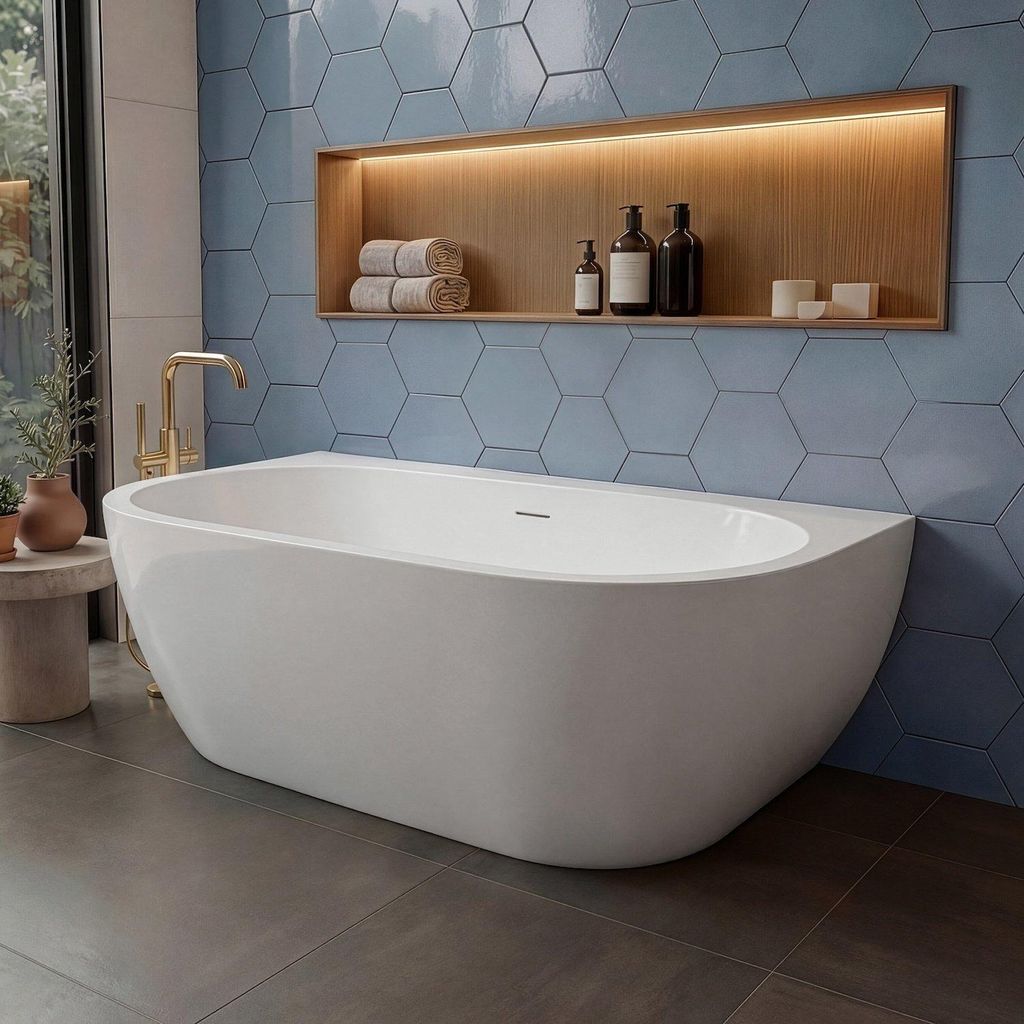 Badplaats Halb Freistehende Badewanne Hanoi 170 x 80 x 58 cm Weiß Hochglanz - Standbadewanne aus Acryl mit Mit Überlauf und Abflussstopfen