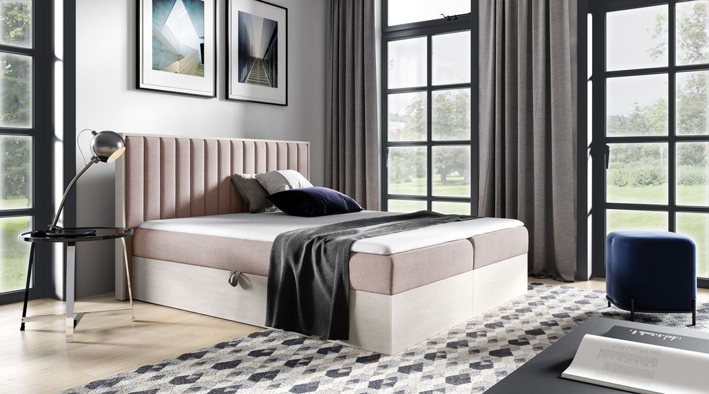 Kontinentales Bett 180x200 CHANTELLE 4 - nordisches Teakholz / Rosa + GRATIS Matratzenauflage