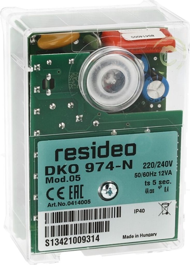 A close-up view of a Resideo DKO 974-N control unit, showing its internal circuitry and labeling.
