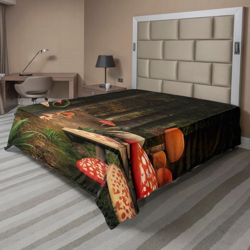 Drap supérieur imprimé forêt de champignons pour lit décoratif XL vert