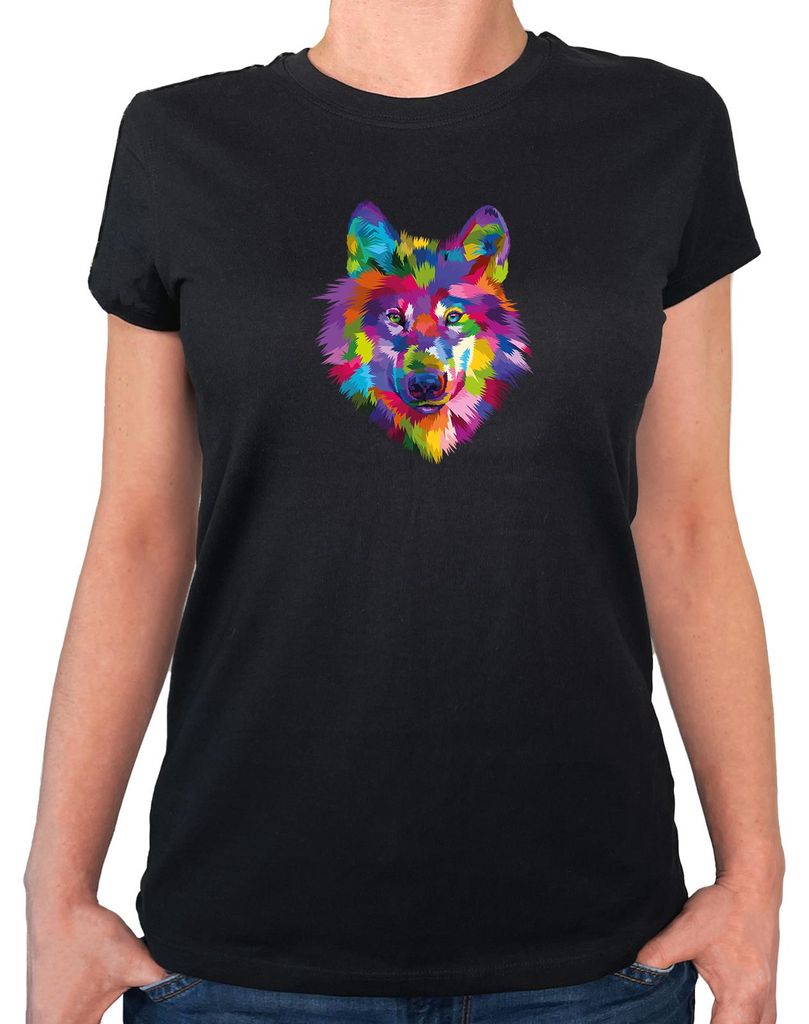 Huuraa Damen T-Shirt Wolf Colorful L Black Bio Baumwolle Fairtrade Damenshirt Geschenkidee