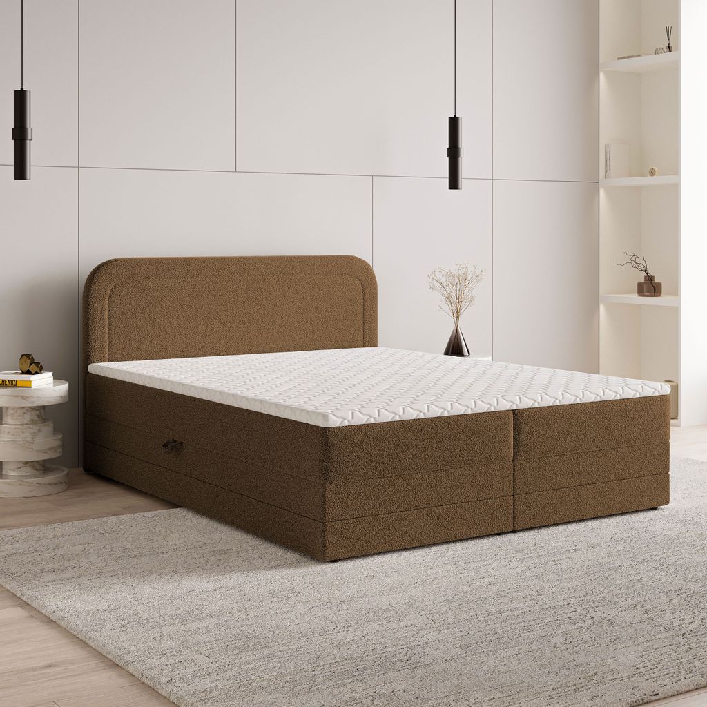 Masseno Boxspringbett ARMEL 140x200 cm Komplett-Set mit Bonell Matratze und Topper, Polsterbett mit Bettkästen -Braun, NOW OR NEVER 56