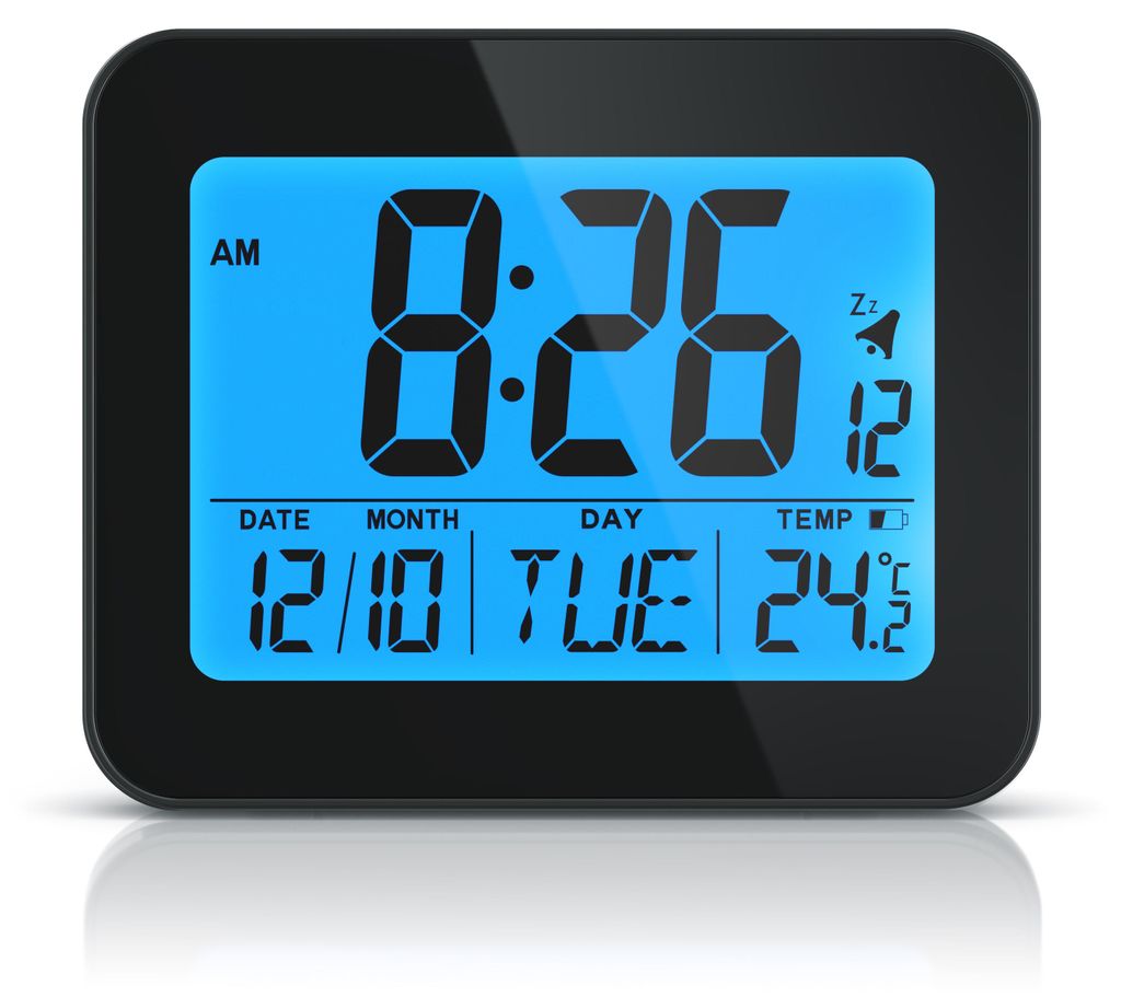 A digital alarm clock displaying the time, date, day, and temperature.
