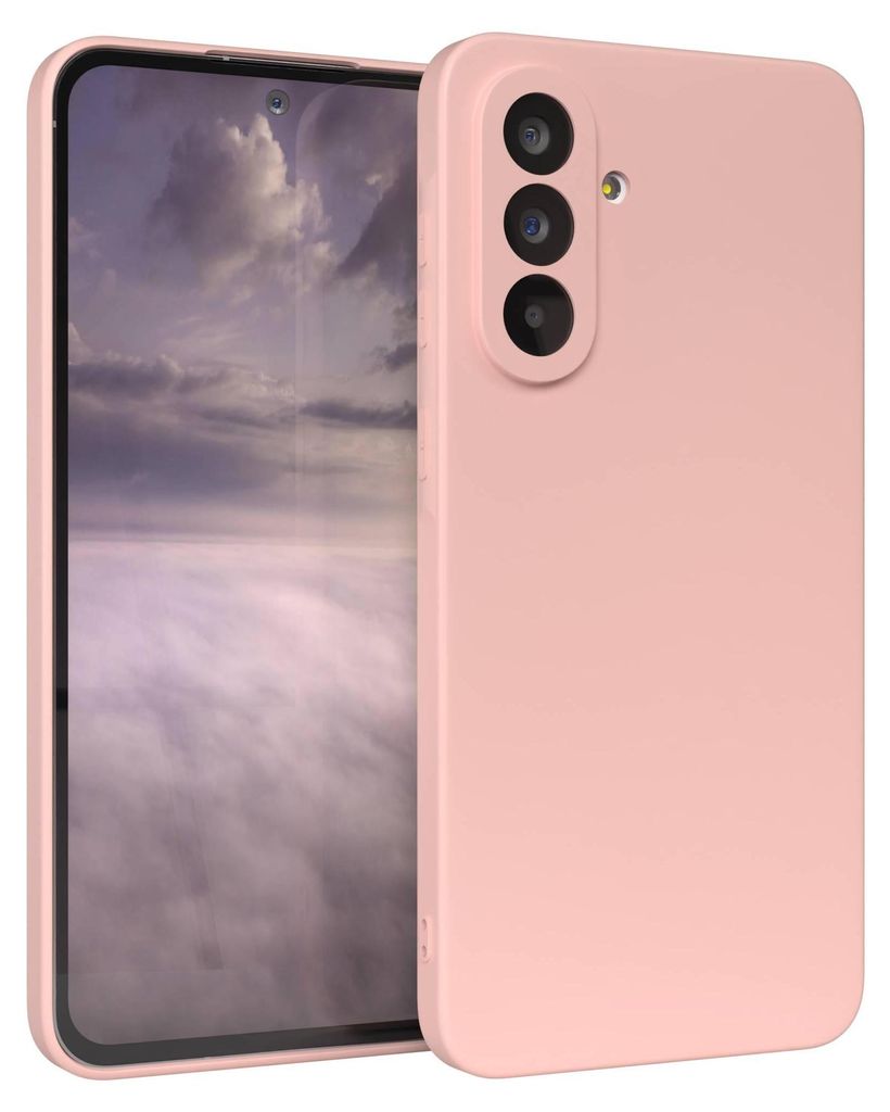 A pink smartphone case is shown next to a smartphone.