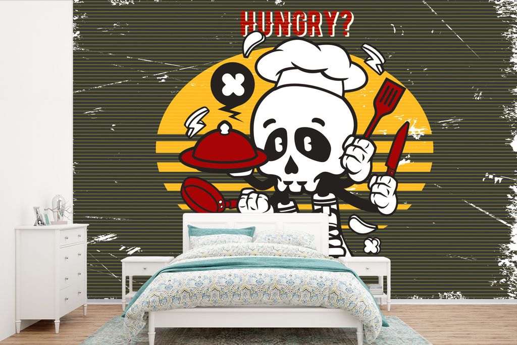 MuchoWow Fototapete für Wohnzimmer oder Schlafzimmer Wandtapete Vinyl Motivtapete Vintage - Küche - Totenkopf - 330x220 cm - Fototapeten