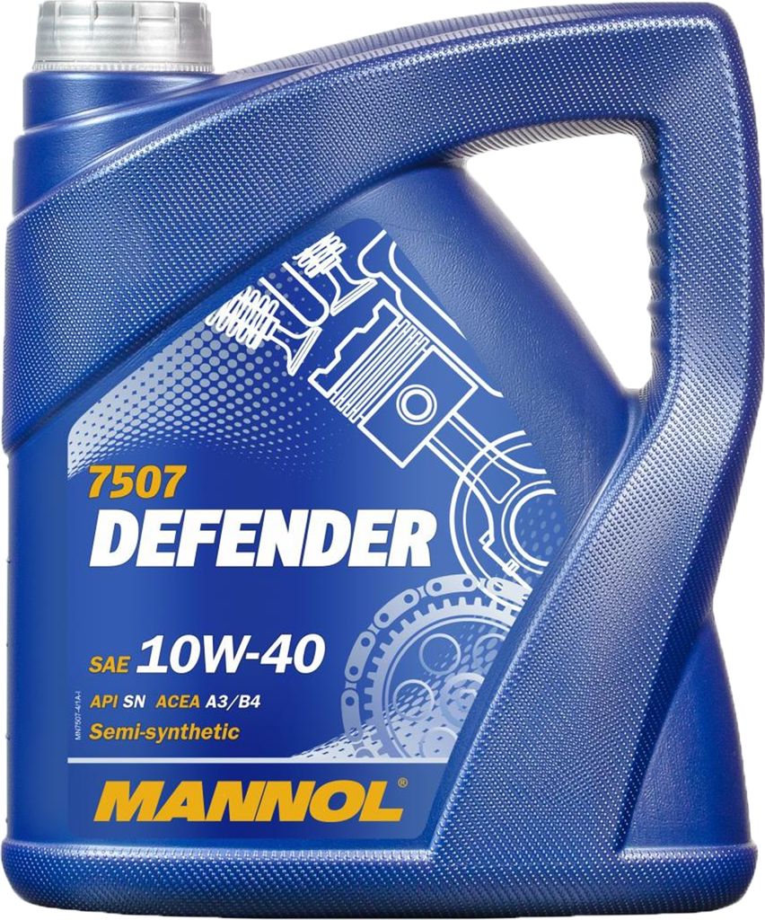 A blue plastic bottle of Mannol Defender 10W-40 semi-synthetic engine oil.
