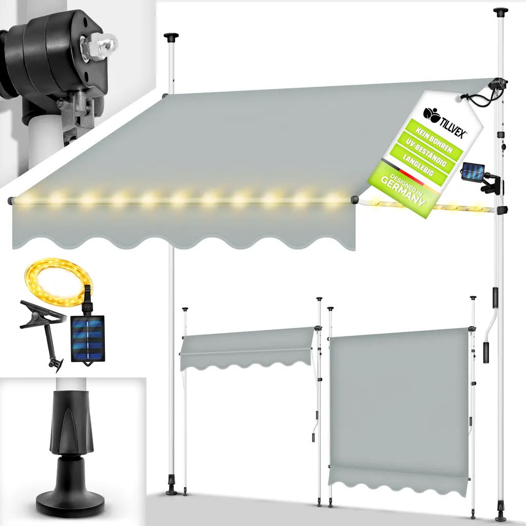 tillvex Tenda Balcone 300cm Senza Forare | Grigio Chiaro LED Solar