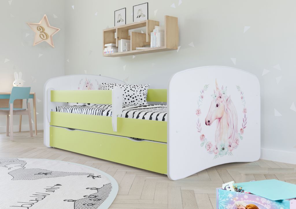 Kinderbett Jugendbett 80x180 cm Grün mit Matratze Rausfallschutz Schublade und Lattenrost Kinderbetten für Mädchen und Junge - Einhorn