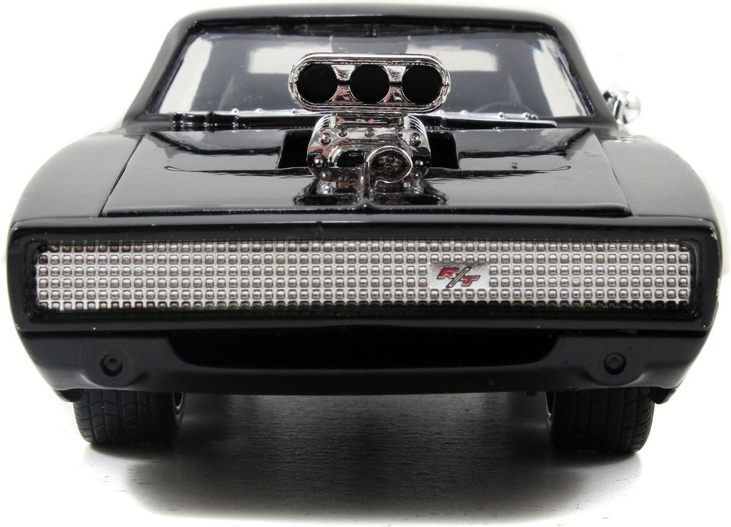 Front view of a black toy car with a chrome engine blower on the hood.