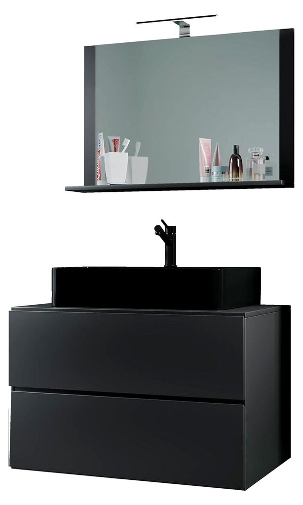 Waschplatz Set mit Waschbecken und Unterschrank in Schwarz, Breite 80 cm