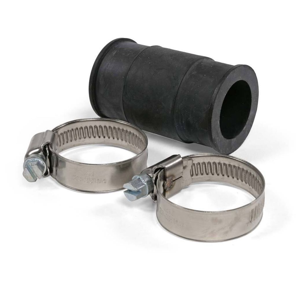 A black rubber hose connector and two silver hose clamps are arranged on a white background.