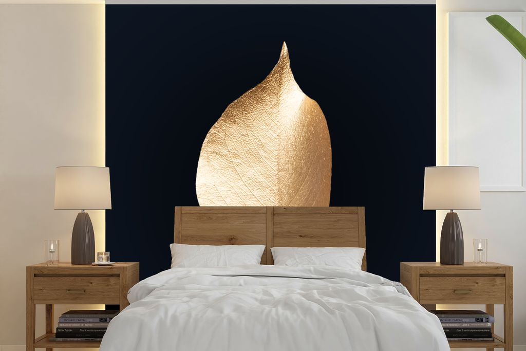 MuchoWow Fototapete für Wohnzimmer oder Schlafzimmer Wandtapete Vinyl Motivtapete Blätter - Gold - Schwarz - Pflanzen - Luxus - 300x300 cm - Wa...
