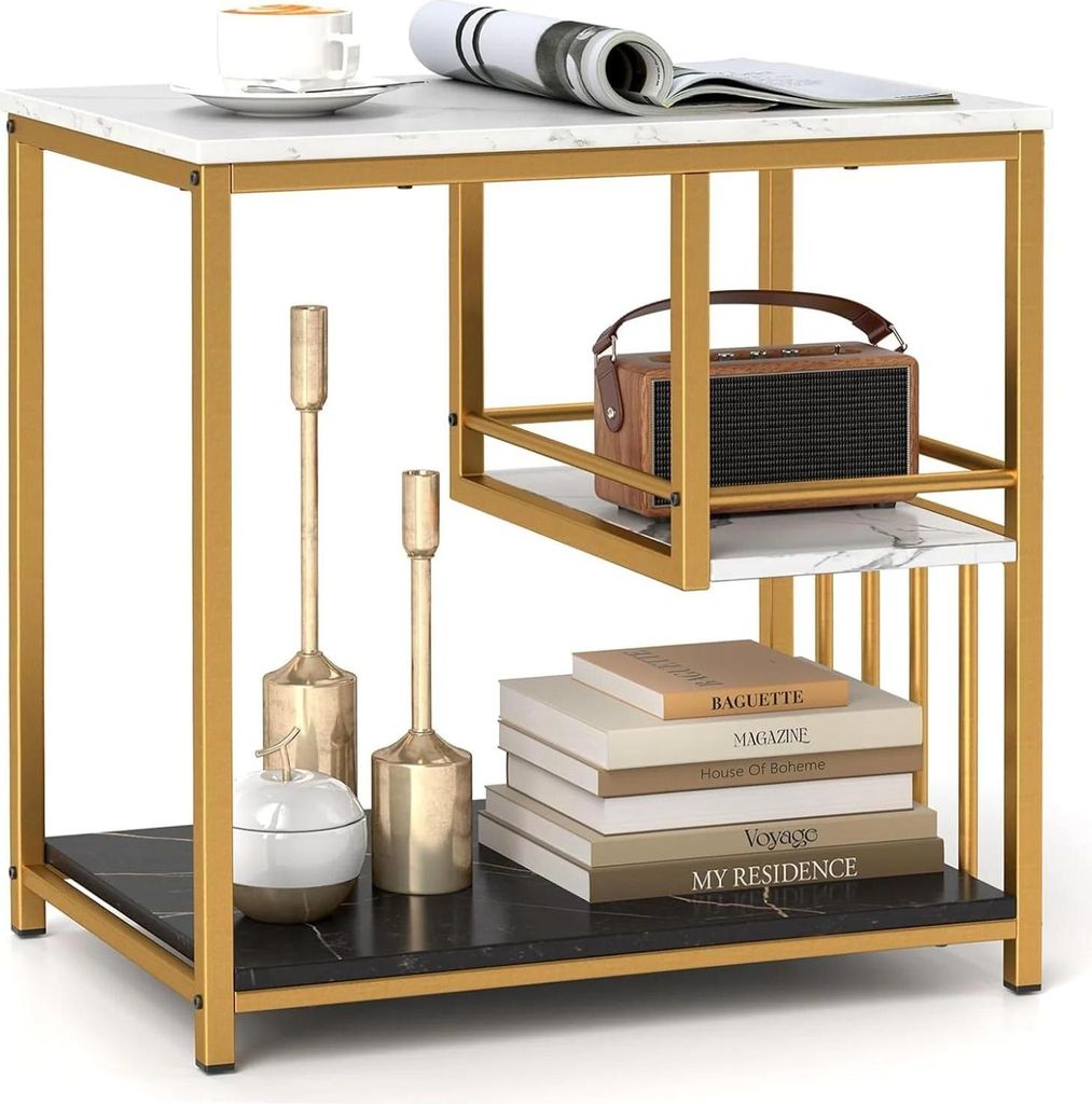 Beistelltisch - Nachttisch mit 3 Ebenen - Rechteckig - Marmoroptik - Metallgestell - Modernes Design - Weiß