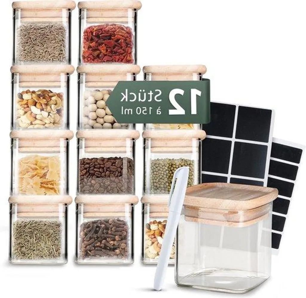 Lot de pots à herbes carrés 150 ml en verre et couvercle bambou naturel
