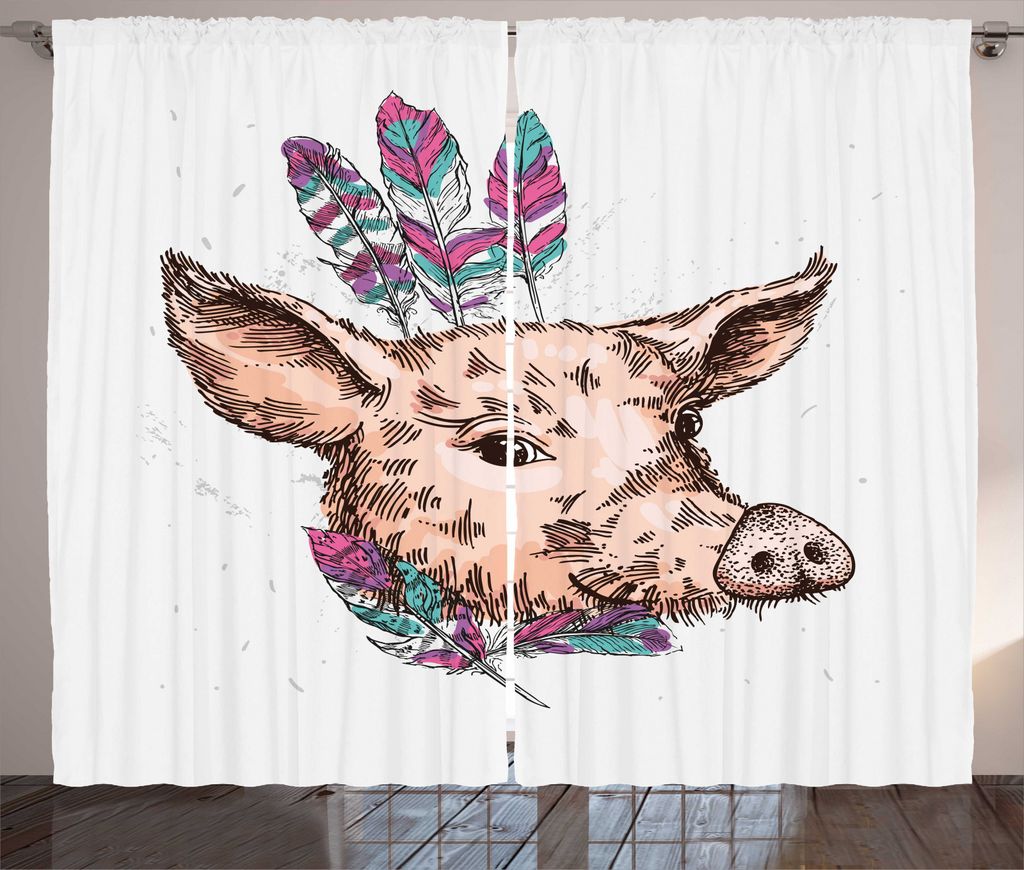 ABAKUHAUS Bauernhoftier Rustikaler Vorhang, Pig Portrait Federn, Wohnzimmer Universalband Gardinen mit Schlaufen und Haken, 280 x 245 cm, Peach und...