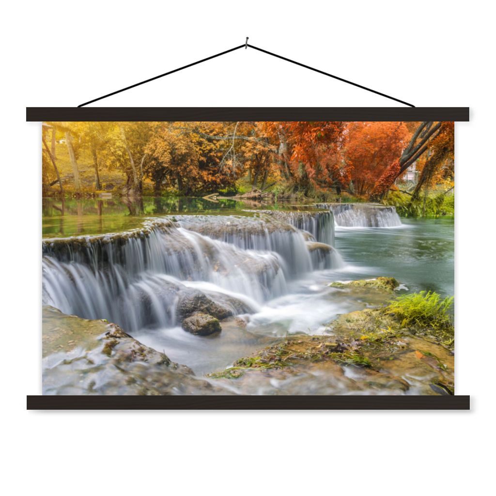 MuchoWow Textilposter Herbst - Wasserfall - Natur - Bäume 60x40 cm mit schwarzem Rahmen - Hölzernes