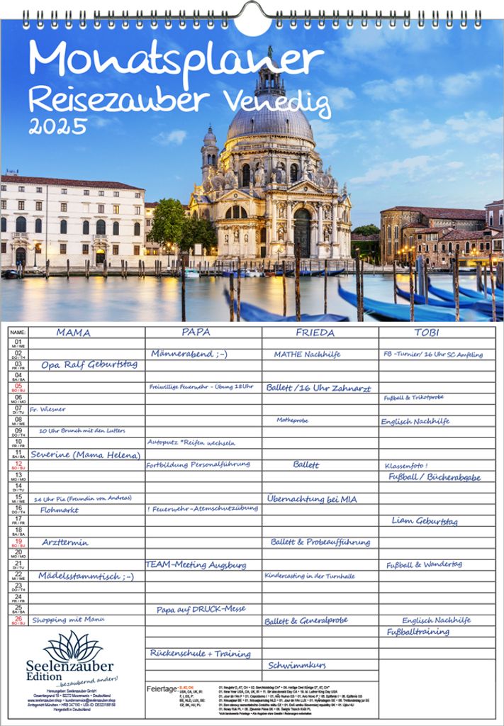 Reisezauber Venedig Planer Wandplaner Familienplaner 4 Spaltenplaner DIN A3 Kalender für 2025 Urlaub Mediterran Italien Gondel Rialto- Seelenzauber