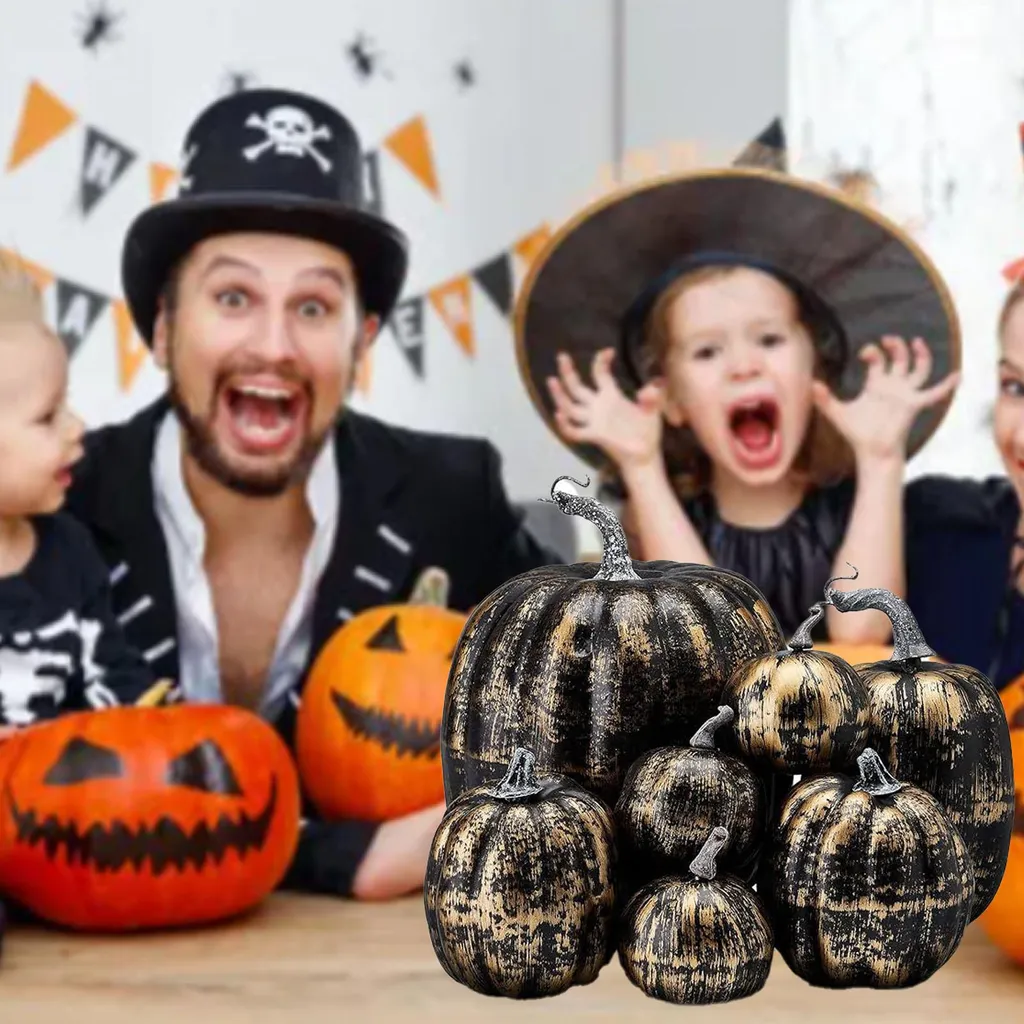 7 pezzi decorazione zucca, lucida e leggera, schiuma, riutilizzabile, per decorazione tavola autunno, foto, nero-oro - 2