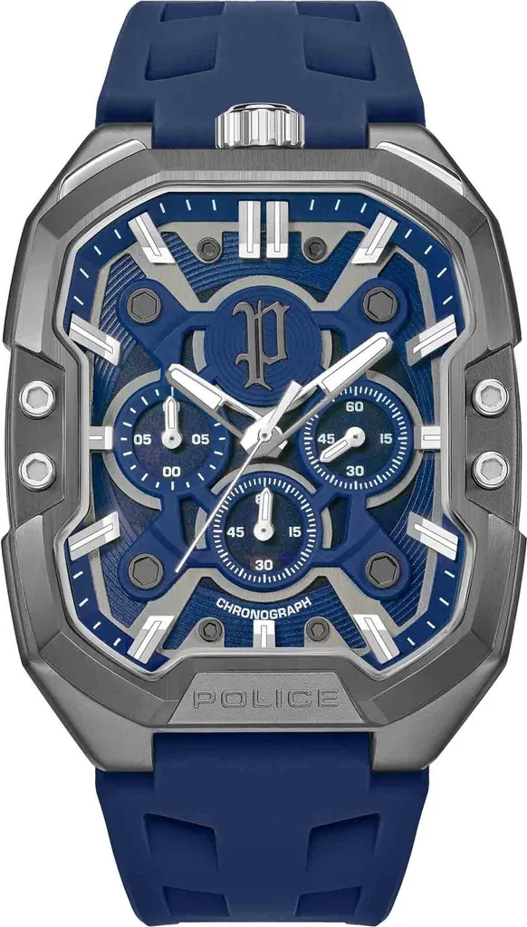 Montre Police Hommes Bleu avec cadran multifonction et boîtier acier