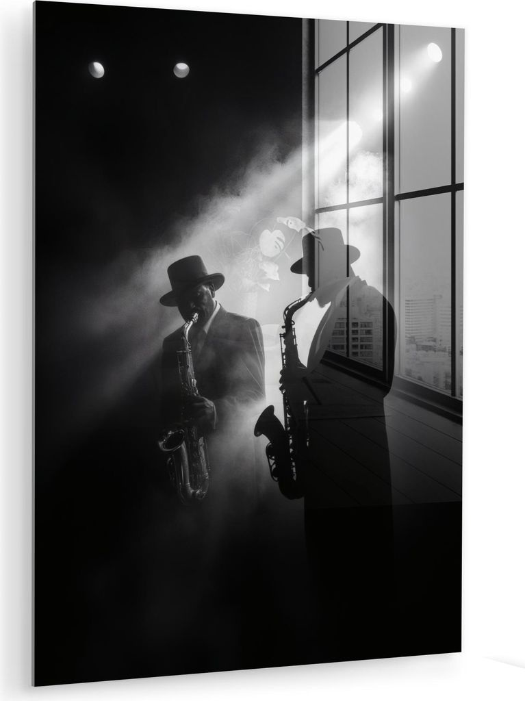 MuchoWow Glasbilder - Bilder auf Wandbild - Foto auf Glas Saxophonisten - Hüte - Rauch - Licht 60x80 cm Wanddekoration aus Glas - Acrylglasbild - ...