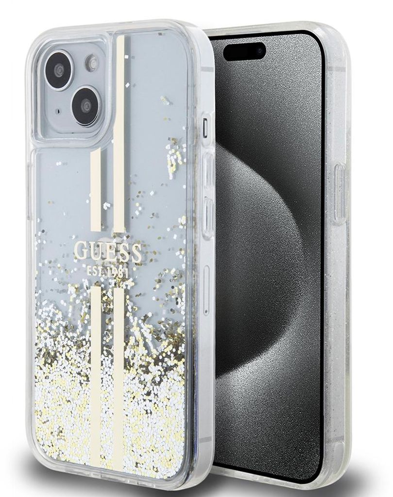Guess Liquid Glitter Gold Stripes Hülle Für Iphone 15 Plus / 14 Plus - Transparent