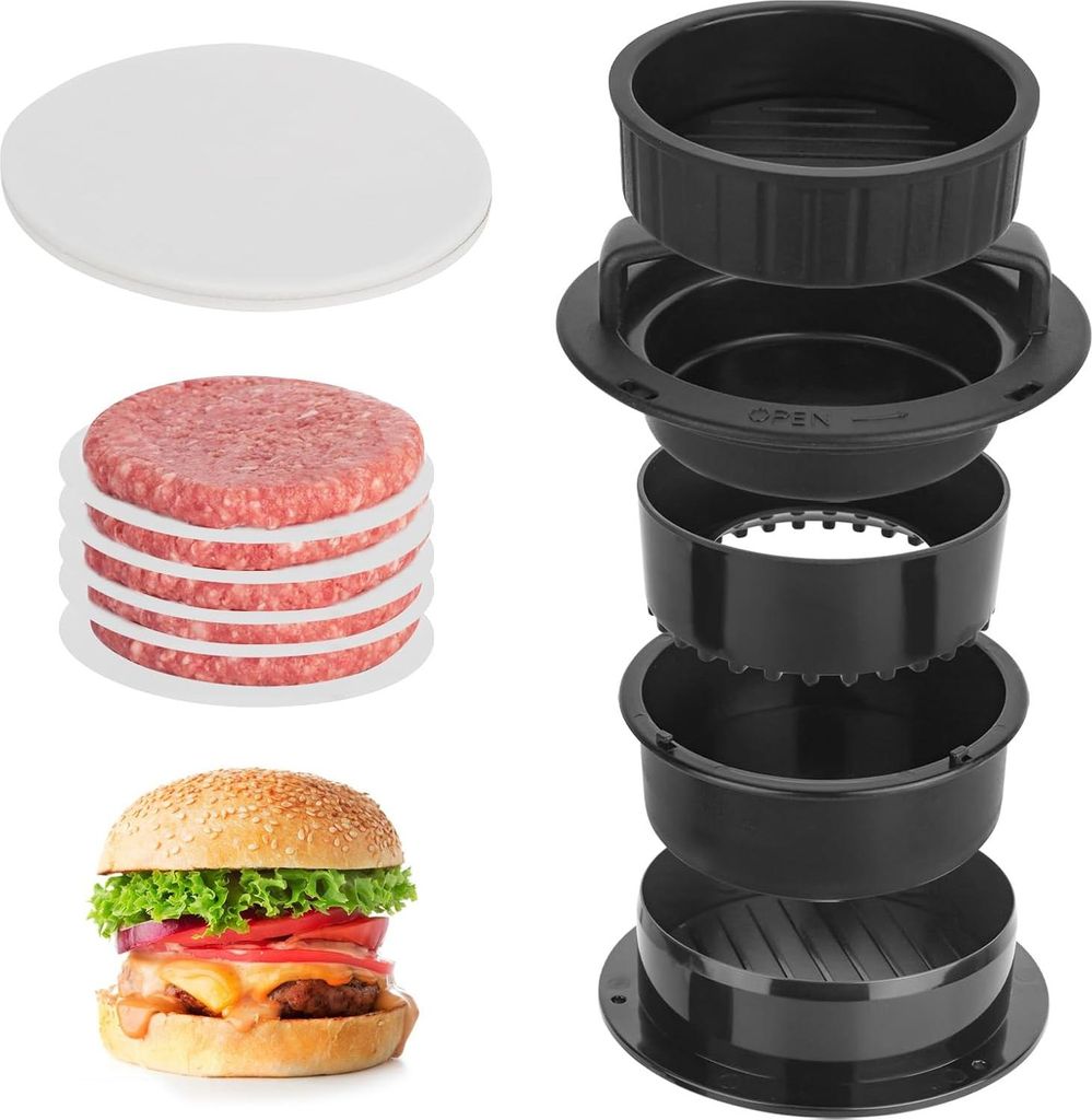 4-in-1 Hamburgerpresse - vielseitig und benutzerfreundlich - 100 Stück Backpapier-Scheiben