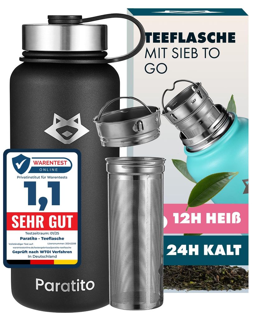 PARATITO Teeflasche mit Sieb 1 Liter, Edelstahl, isoliert, Produktbild 