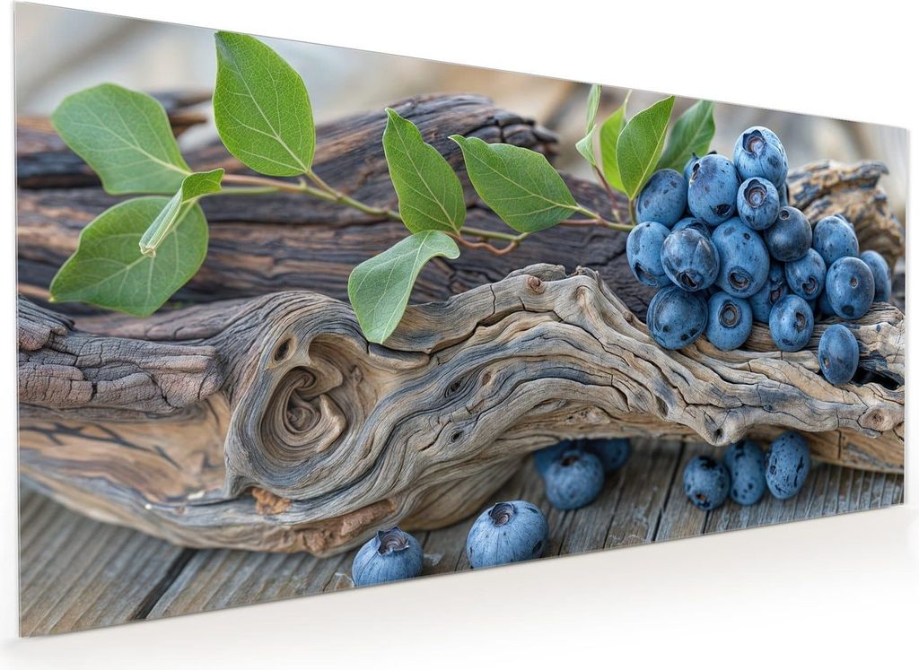 Küchenrückwand Spritzschutz Glas mit Motiv Blaubeeren auf Holz 40 x 40 cm