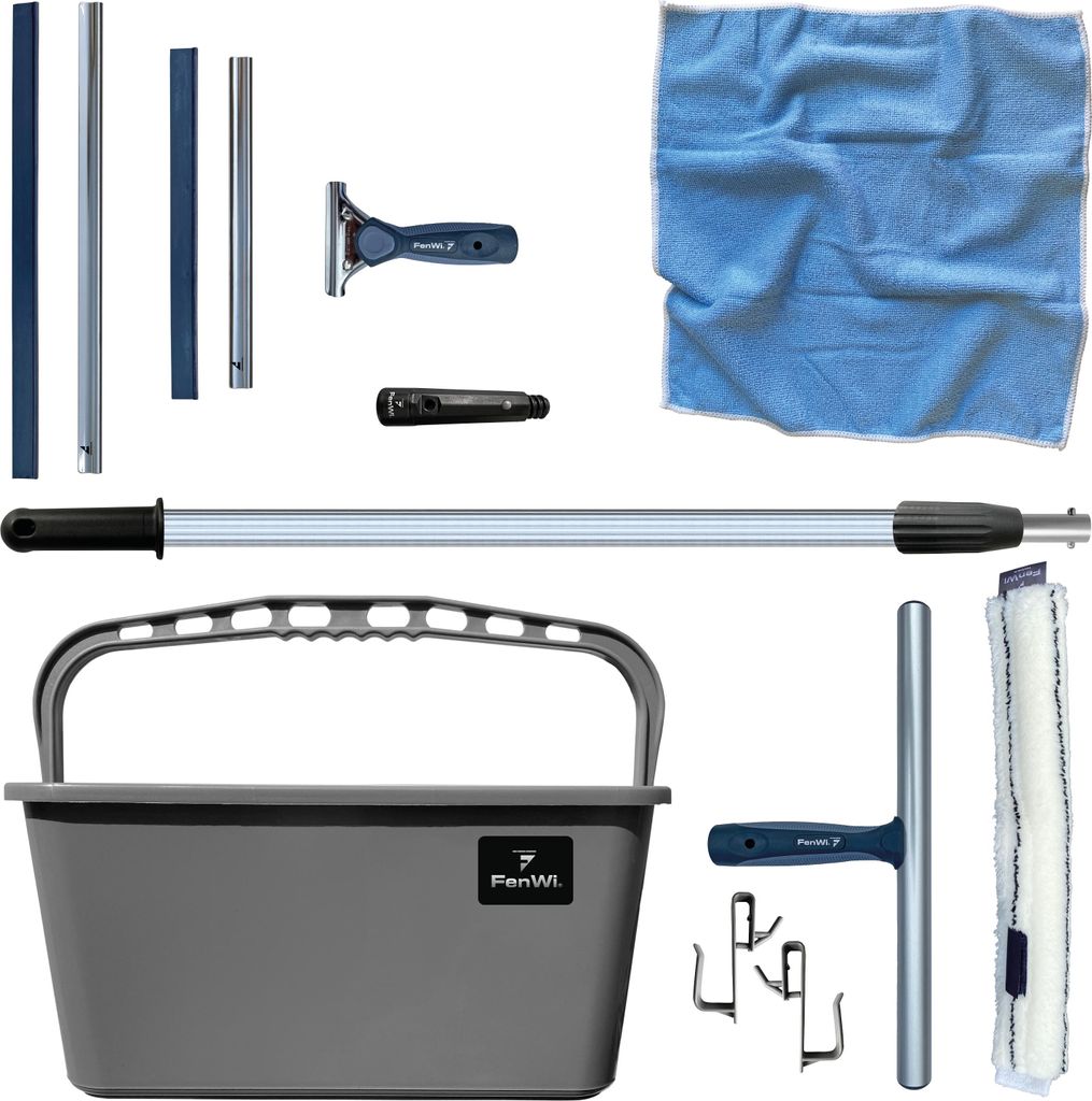 FenWi Fensterputzer Profi-Set mit Fensterabzieher in 2 Breiten 25cm & 35cm I Mikrofaser Fensterwischer 40cm I Rechteck-Eimer & Teleskopstange I 125...