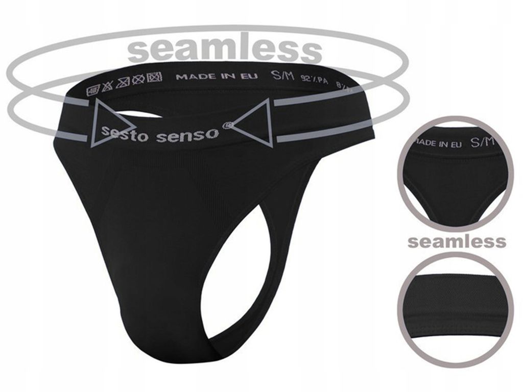A black men's string underwear is shown with text overlays and close-up views highlighting its features.