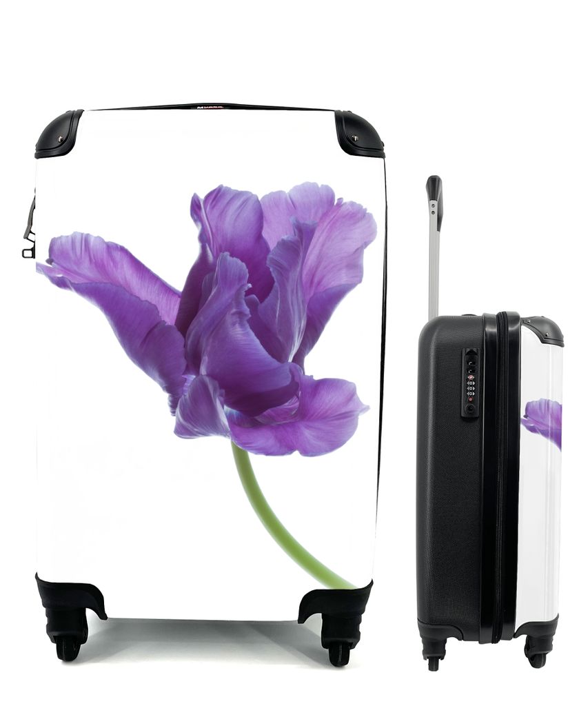 MuchoWow Koffer Handgepäck Trolley Rollkoffer Kleine Reisekoffer mit 4 Rollen - Lila Tulpe auf weißem Hintergrund - Cabin Size < 55x40x23 cm & ...