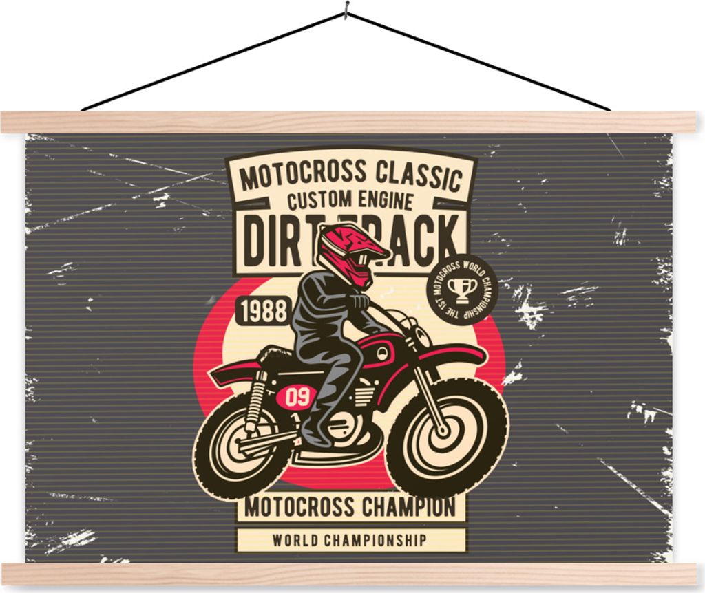 MuchoWow Textilposter Motorrad - Helm - Retro - Zeichnung 60x40 cm mit holzfarbenen Rahmen - Bilder