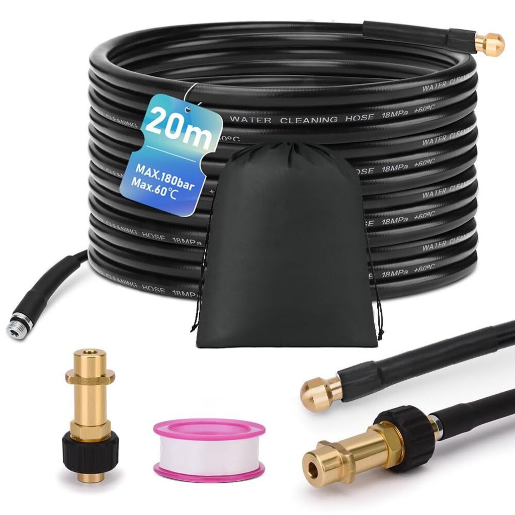 20m Rohrreinigungsschlauch Set, 180 bar, mit M22 Adapter, universal Rohrreinigungsset, kompatibel mit K2 K3 K4 K5 K6 K7 Hochdruckreiniger
