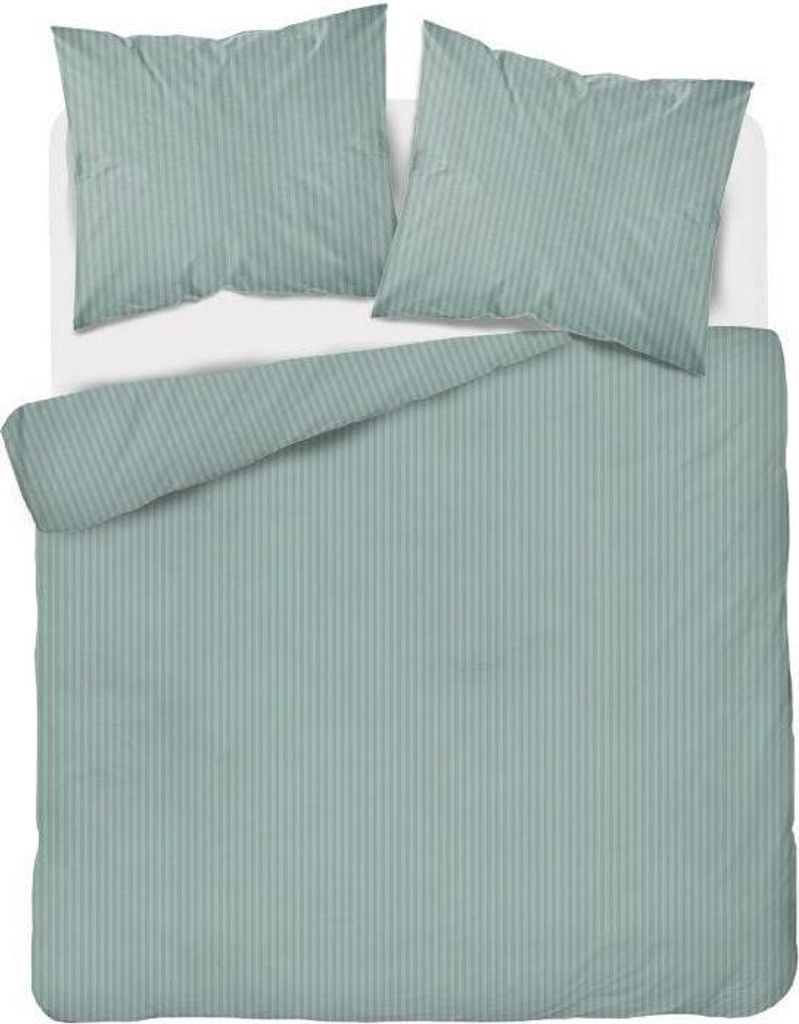 A top-down view of a duvet and two pillows on a bed.