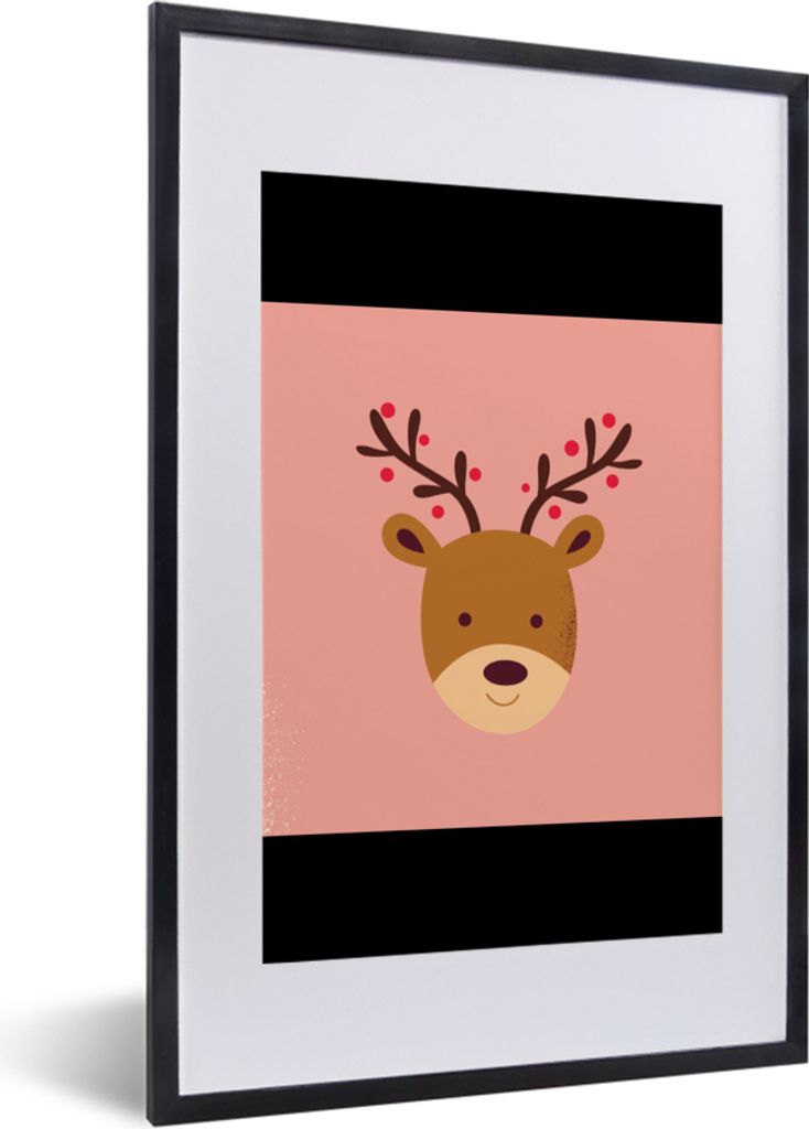 MuchoWow Gerahmtes Poster Rentier - Weihnachten - Rosa - Winter 40x60 cm - Poster mit Schwarzem Bilderrahmen Wandposter Rahmen Foto Bilder - Post...