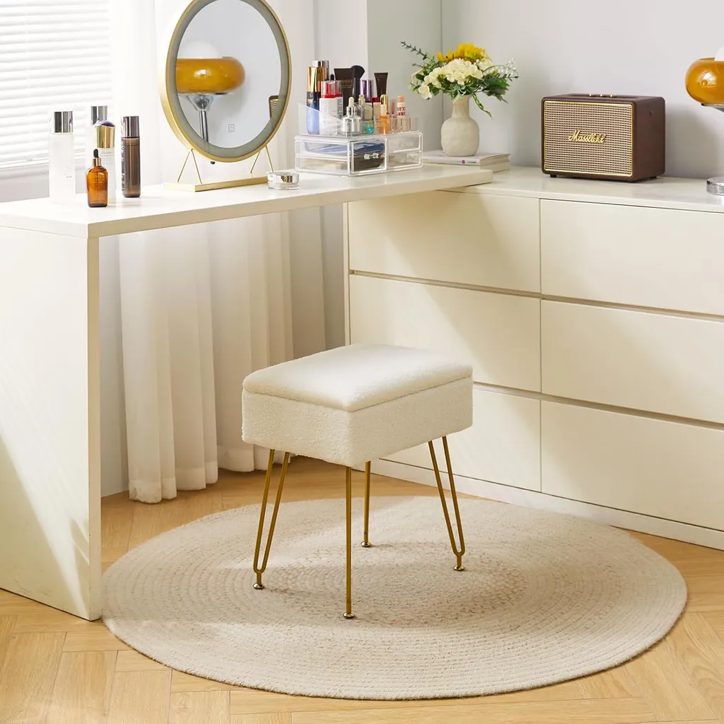Tabouret de maquillage multifonctionnel en velours bouclé blanc