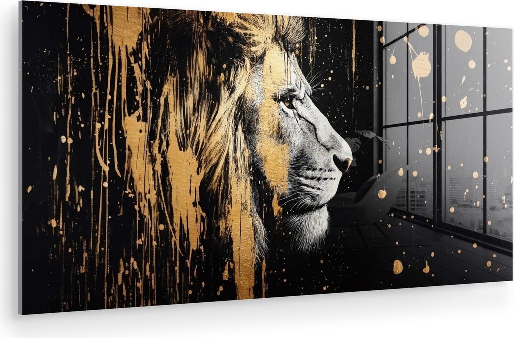 MuchoWow Glasbilder - Bilder auf Wandbild - Foto auf Glas Porträt - Löwe - Abstrakt - Gold 40x20 cm Wanddekoration aus Glas - Acrylglasbild - Acr...