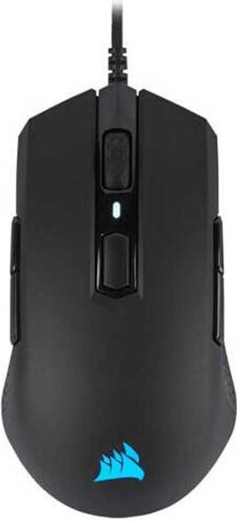 A top-down view of a black gaming mouse on a white background.