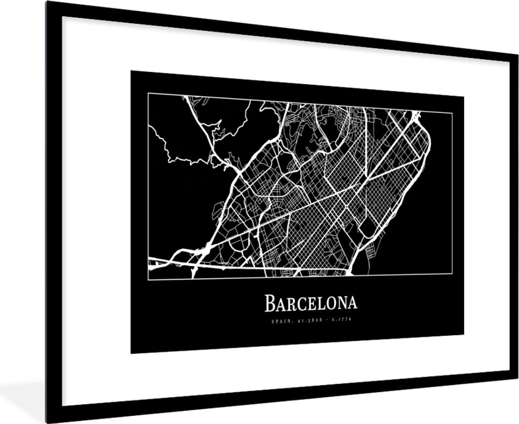 MuchoWow Gerahmtes Poster Stadtplan - Barcelona - Karte 90x60 cm - Poster mit Schwarzem Bilderrahmen Wandposter Rahmen Foto Bilder - Wanddekorati...