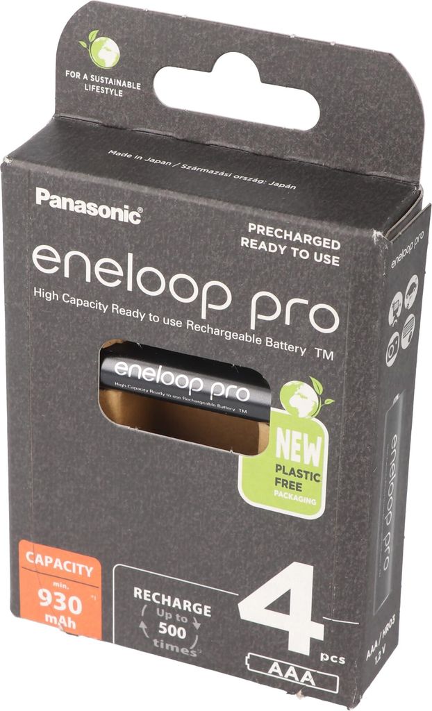 Panasonic eneloop pro, vorgeladen, Retail Blister (4-Pack) BK-4HCDE/4BE Akku NiMH, Micro, AAA, HR03, 1.2V und 930mAh 5410853064244
