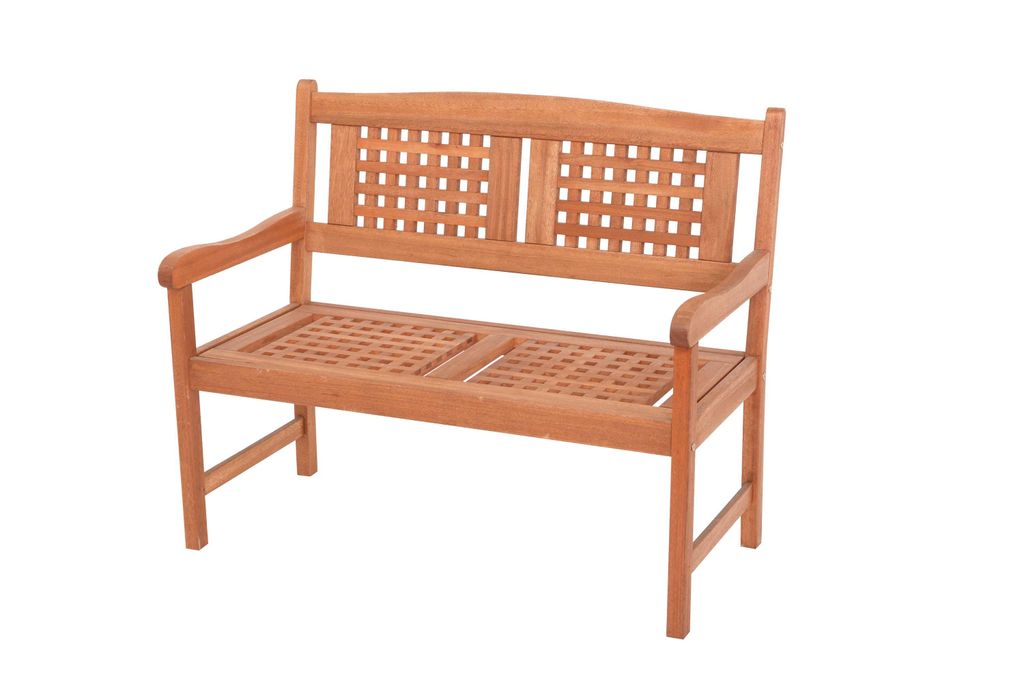 A wooden garden bench shown against a white background.