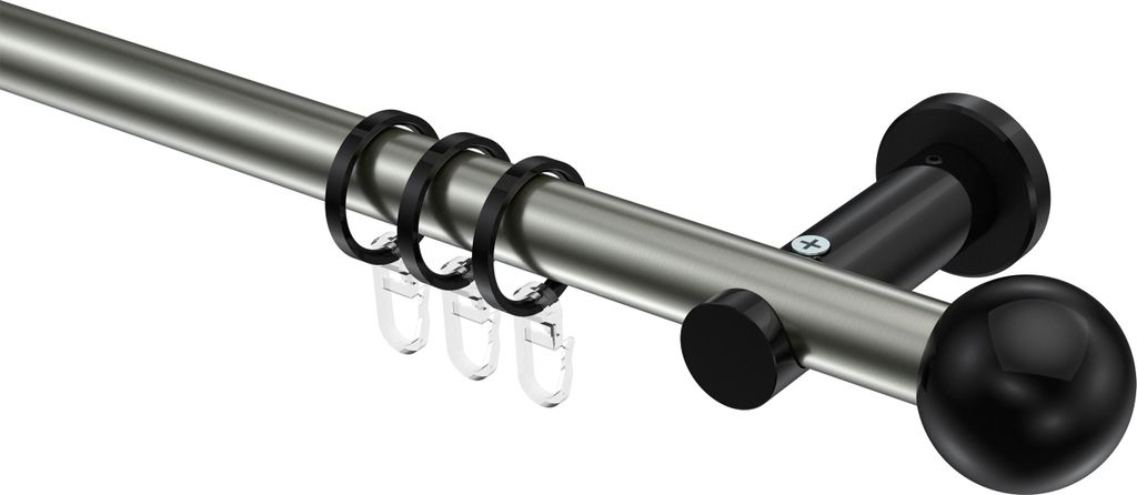 Interdeco Gardinenstange / Vorhangstange Edelstahl-Optik / Schwarz, Typ Platon Luino (Kugel), 20 mm Ø 1-läufig, 600 cm