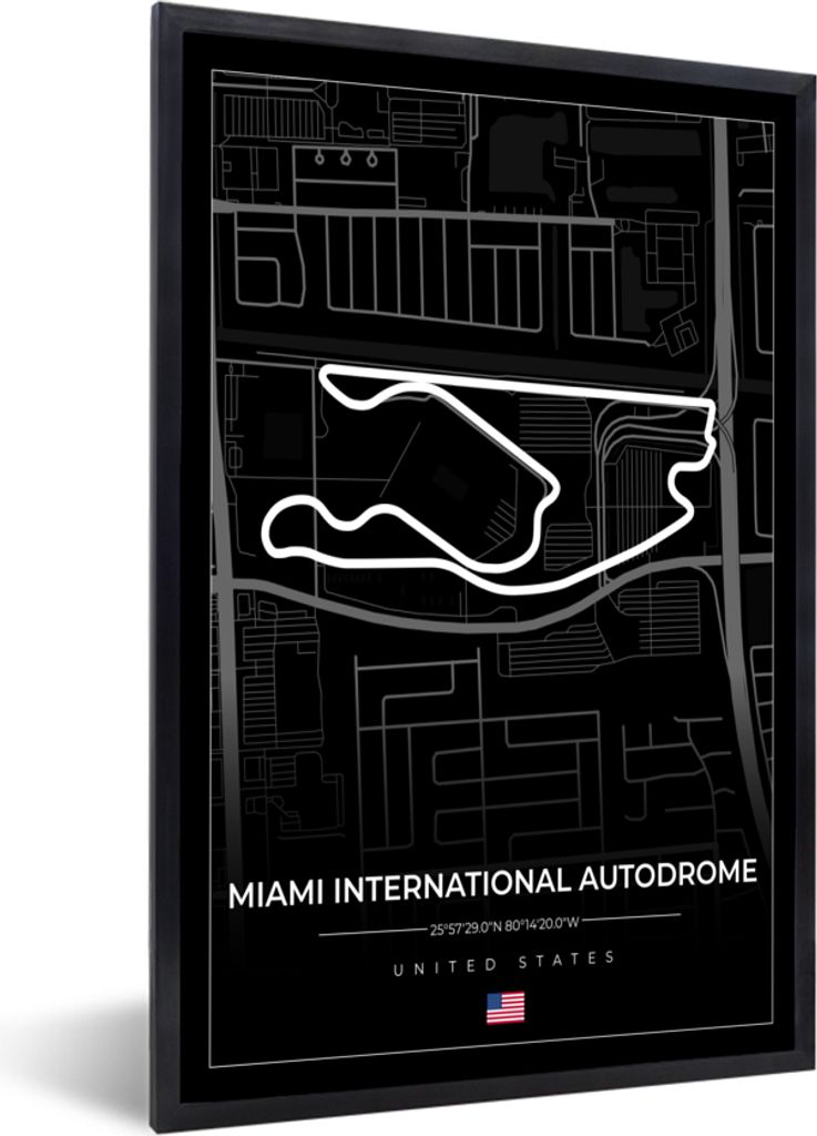 MuchoWow Gerahmtes Poster Rennstrecke - Vereinigte Staaten - Formel 1 - Miami International Autodrome - Rennstrecke - Schwarz 60x90 cm - Poster m...