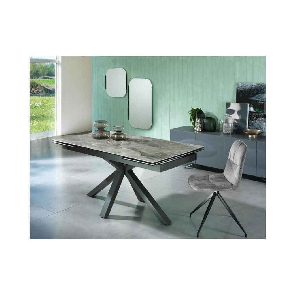 Ausziehbarer Tisch von 160 cm auf 240 cm, moderne Keramikplatte auf anthrazitfarbenem Marmor aus gehärtetem Glas