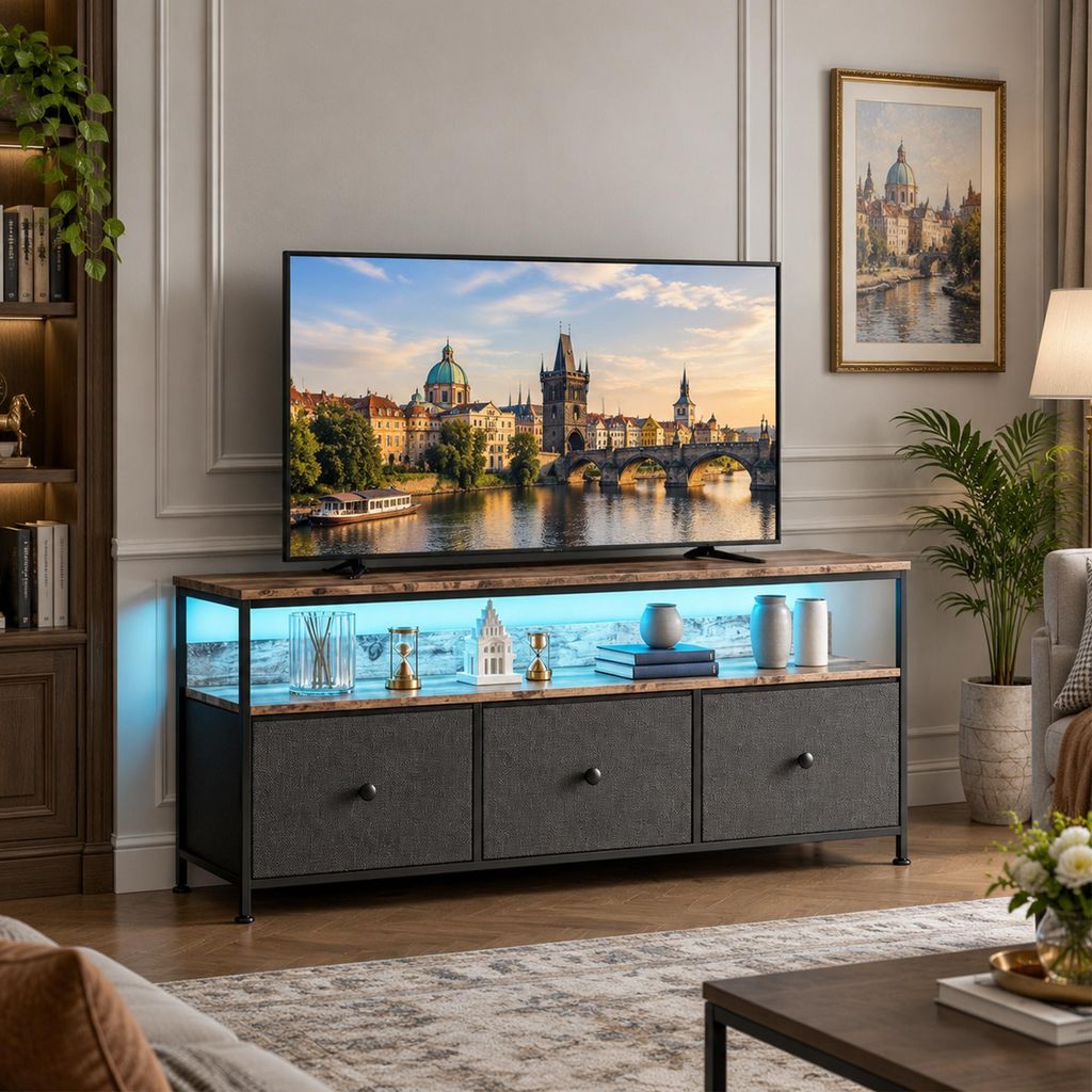 Mueble de TV INONEFT con 3 cajones de tela y luces LED, Imagen del producto 