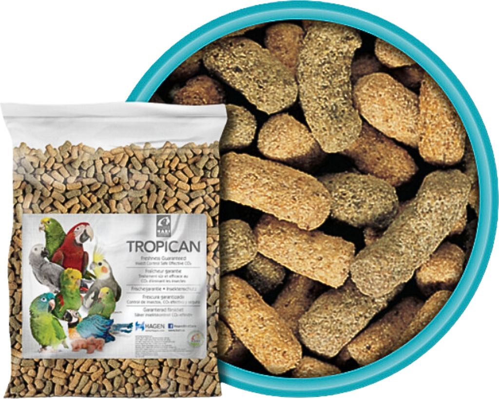 A bag of bird food and a close-up of the bird food pellets.