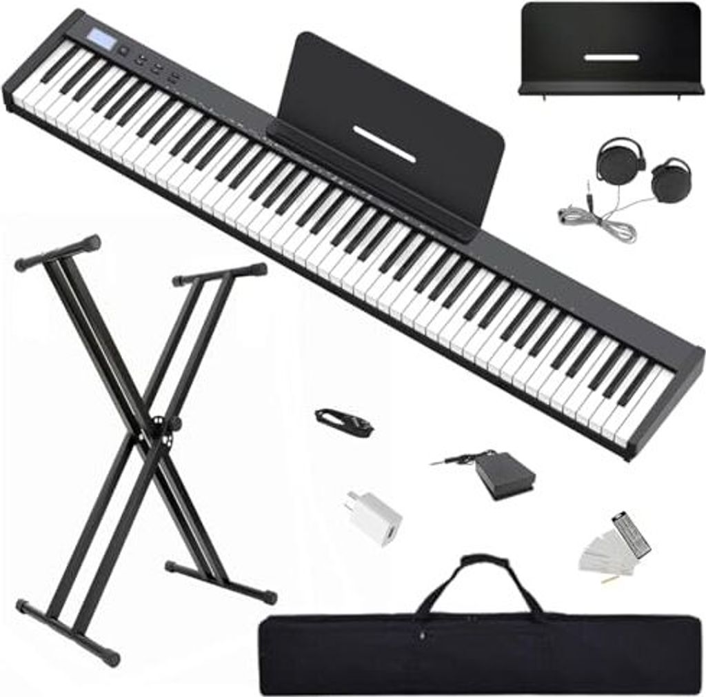 Keyboard Piano Set Stand: Longeye 88 Taste Electric Piano, halbgewichtig, kompakt tragbar, Tragetasche, Musikständer nachhaltig, schwarz (Slim-88)