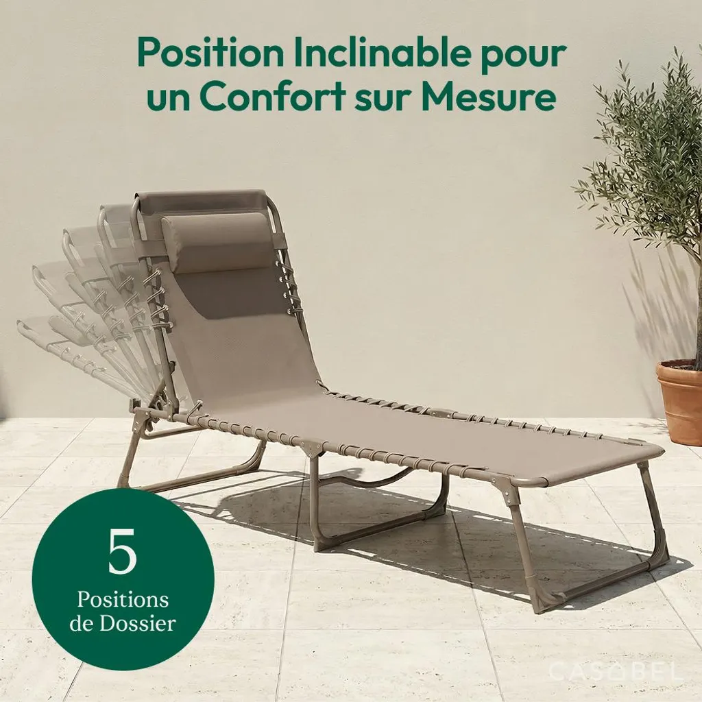 Transats Pliants pour Terrasse et Piscine Taupe - Pack de 2 Chaises CASABEL - 5